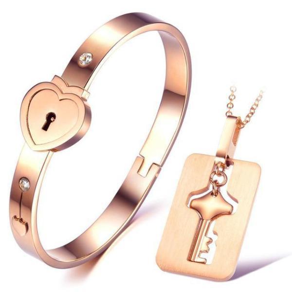 Rose Gold Love Lock Necklace and Bracelet Set